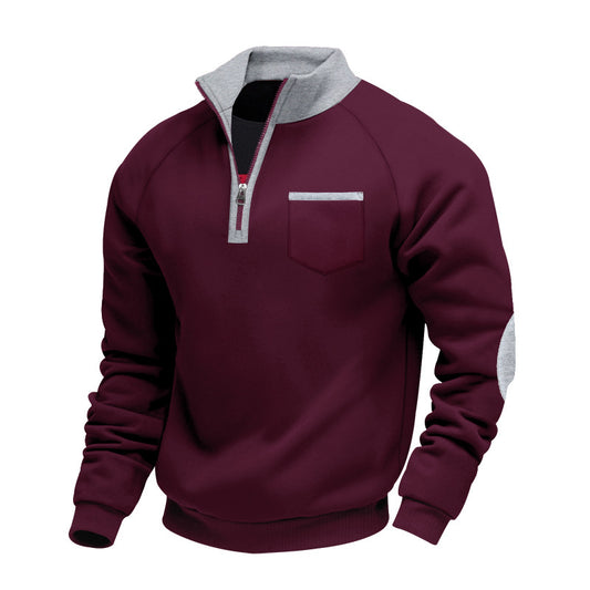 Men's Fleece-lined Heavy-duty Warm Zip-up Stand Collar Patchwork Stylish Casual Long-sleeve Sweatshirt