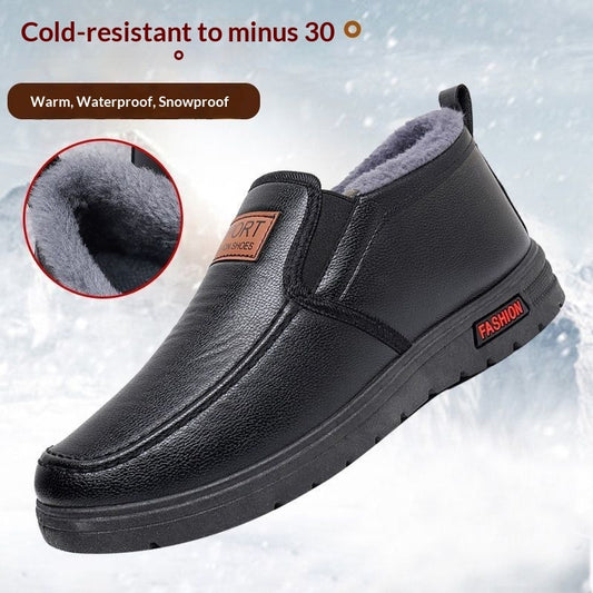 Thickened Waterproof Cotton Shoes For Elderly Fleece-lined Casual Leather Shoes