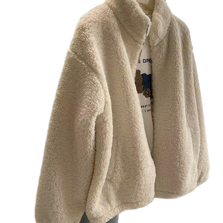 Women's Petite Thick Casual Stand-collar Furry Coat